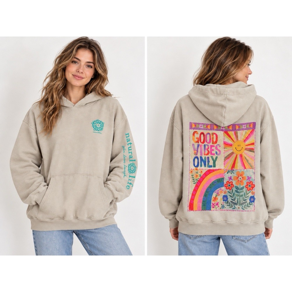Natural Life Good Vibes Only Hoodie L Women Oversize Boho Rainbow Floral Graphic